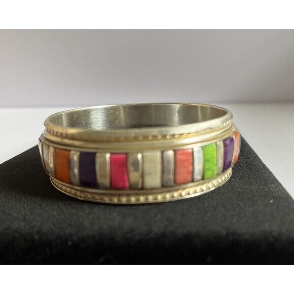 Brass Bangle Bracelet Enamel Colorful Stones 2.75" Wide - Picture 4 of 7